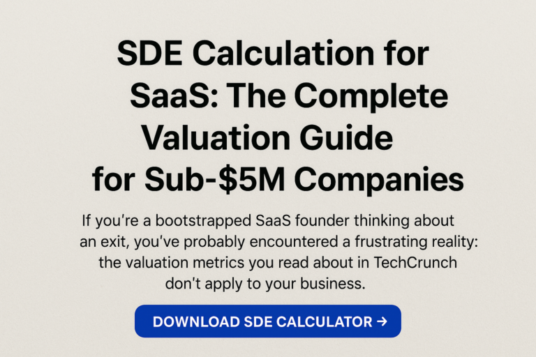 SDE Calculation for SaaS — headline, short explanation, and “Download SDE Calculator” CTA on a textured light background.