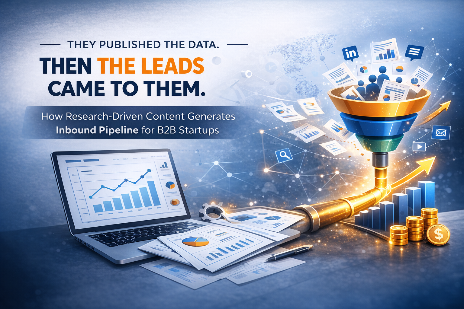 Illustration showing research reports generating inbound leads for B2B SaaS companies, inspired by case studies of HubSpot, Gong, and Drift using original data to drive demand generation.