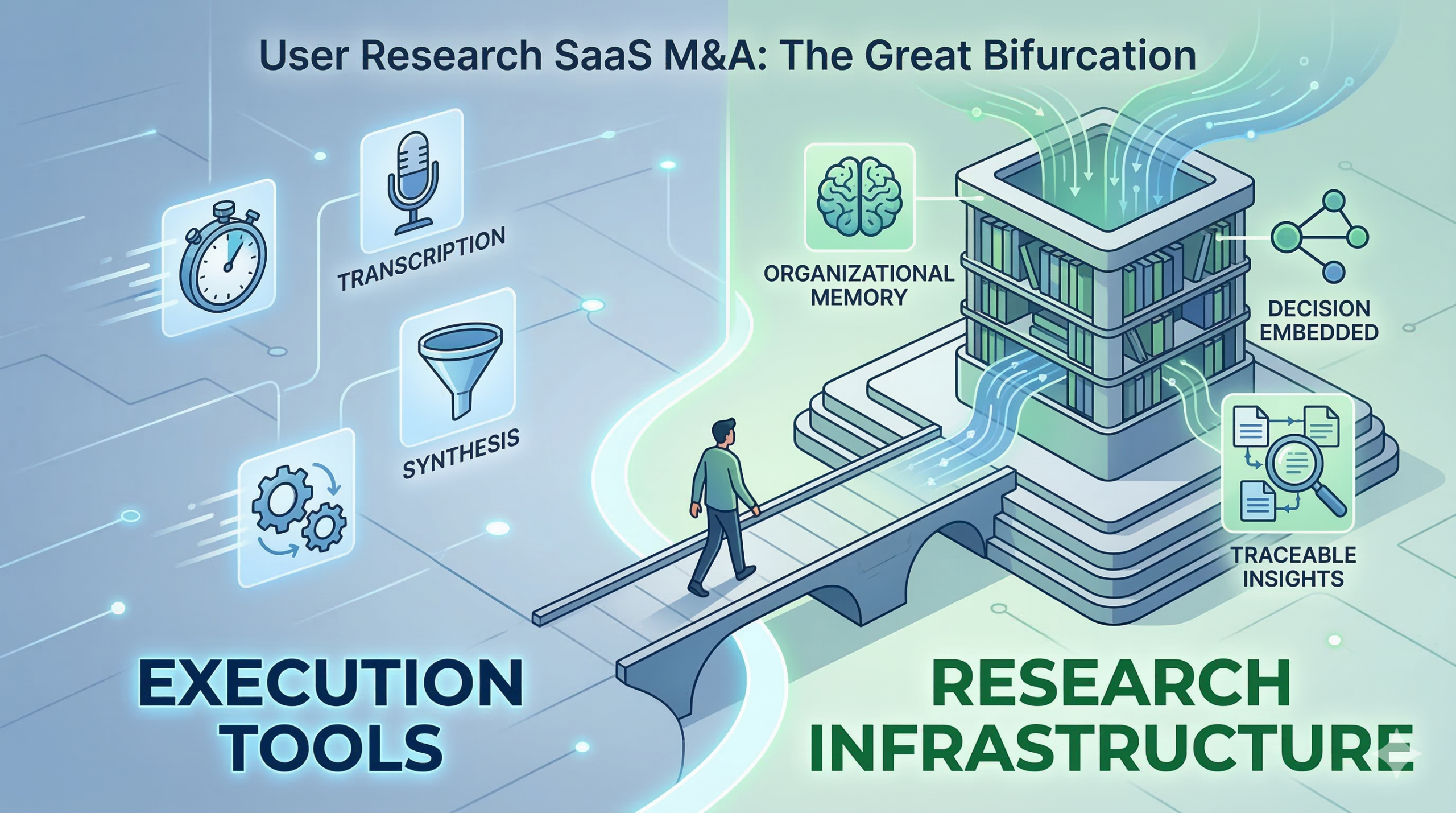 A split conceptual illustration showing 'Execution Tools' on the left with icons for transcription and synthesis, and 'Research Infrastructure' on the right showing a central knowledge repository and traceable insights.