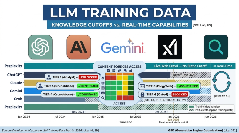 Infographic showing LLM knowledge cutoffs and content source access levels for ChatGPT, Claude, Gemini, Grok, and Perplexity, illustrating the difference between static training data and real-time search.