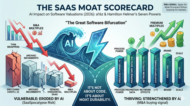 An infographic illustrating 'The Great Software Bifurcation' caused by AI in 2026 software valuations. On the left, a downward red arrow shows vulnerable, eroded SaaS companies (thin wrappers, archaic incumbents) facing falling M&A multiples. On the right, upward green arrows show thriving companies strengthened by AI based on Hamilton Helmer's Seven Powers (Process Power, Proprietary Data, Network Effects, Counterpositioning, Brand, Scale) achieving premium multiples. The center fork in the road reads: 'It's not about code. It's about moat durability.'