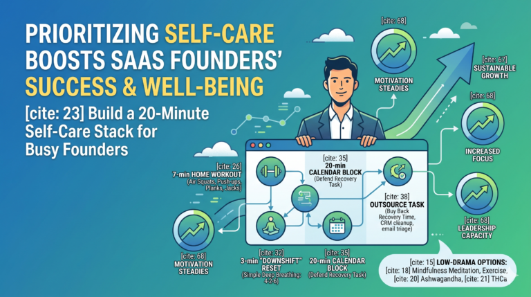 An infographic illustrating how self-care boosts SaaS founders' success and well-being, featuring a 20-minute self-care stack with elements like home workouts, downshift resets, and calendar blocking.