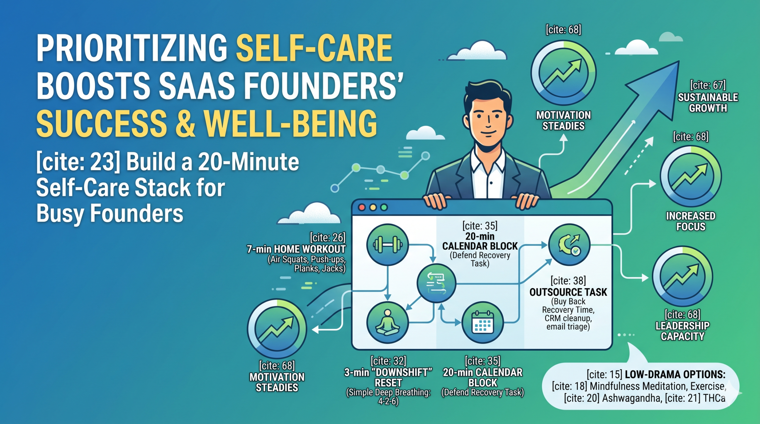An infographic illustrating how self-care boosts SaaS founders' success and well-being, featuring a 20-minute self-care stack with elements like home workouts, downshift resets, and calendar blocking.