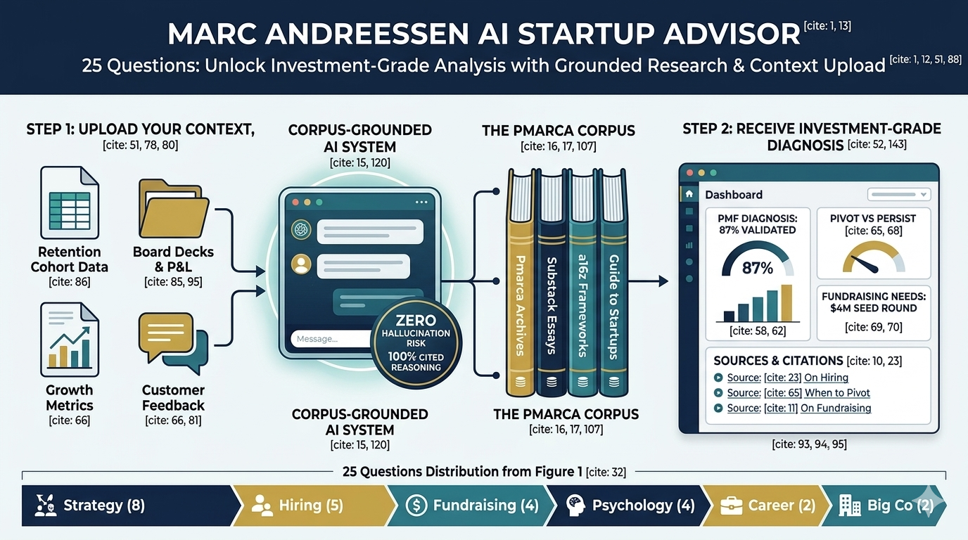 Infographic workflow of the Marc Andreessen AI Startup Advisor showing context upload, a corpus-grounded AI system, and an investment-grade diagnosis dashboard.