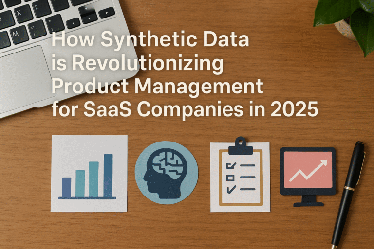 Product manager analyzing AI-generated synthetic data dashboards in a modern SaaS office.