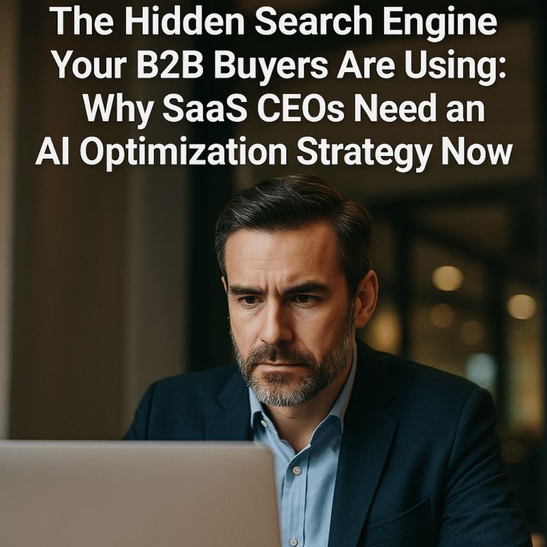 SaaS CEO analyzing AI-driven search analytics on a holographic display, symbolizing ChatGPT’s role in modern B2B buyer research and enterprise software visibility.