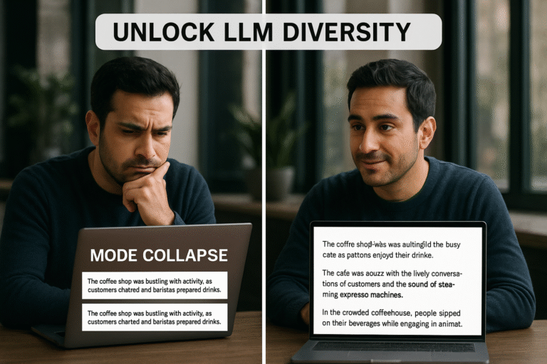Photorealistic side-by-side image of a SaaS professional using AI tools; left side labeled “Mode Collapse” with repetitive text, right side labeled “Verbalized Sampling” showing creative, diverse AI outputs.