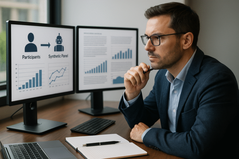 SaaS researcher analyzing hybrid synthetic and human qualitative research data on dual monitors