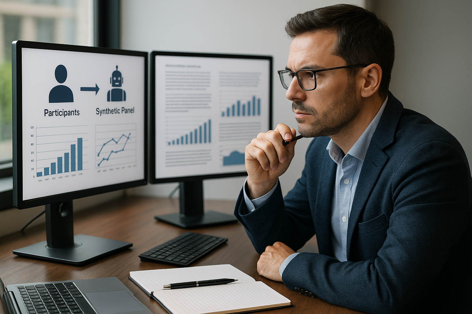 SaaS researcher analyzing hybrid synthetic and human qualitative research data on dual monitors