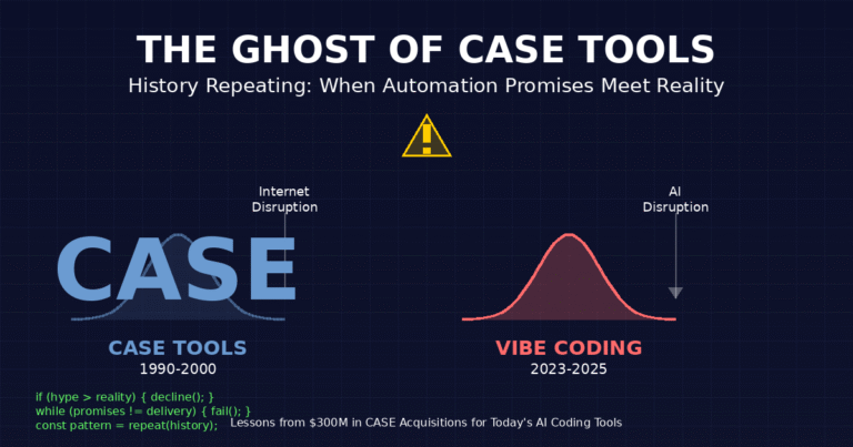 Comparison chart showing CASE Tools (1990-2000) and Vibe Coding (2023-2025) following identical rise-and-fall hype cycles, with Internet disruption and AI disruption marked as paradigm shift accelerators