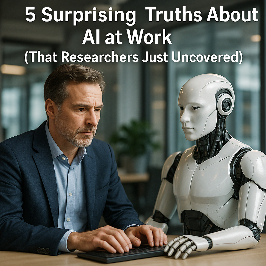 Middle-aged professional man working at a desk beside a humanoid robot in a modern office, illustrating the collaboration and tension between humans and AI in workplace environments.