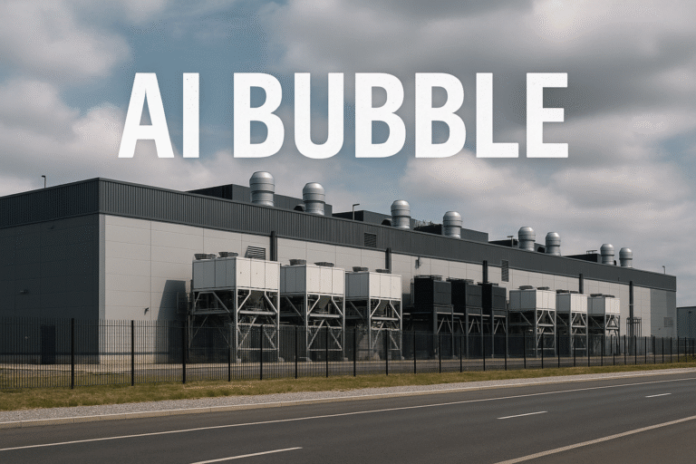 Photorealistic image of a modern hyperscale AI data center with cooling systems and industrial vents, representing the emerging AI infrastructure bubble.