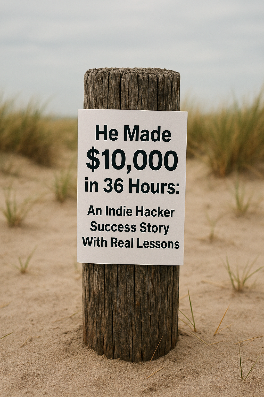 Poster-style sign on a weathered wooden post in sand reading “He Made $10,000 in 36 Hours — An Indie Hacker Success Story With Real Lessons.”