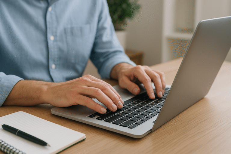 Hands typing on a laptop beside a notebook and pen on a wooden desk
