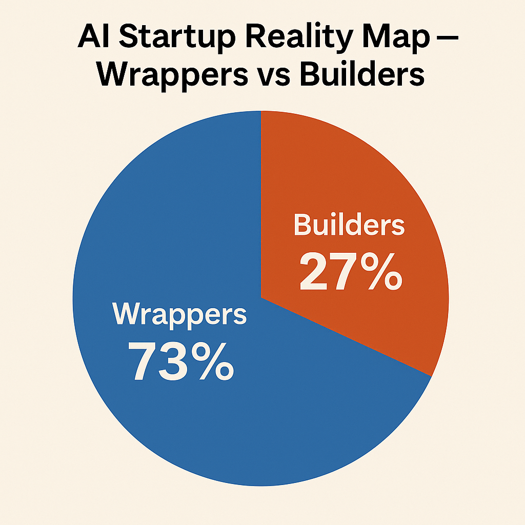 Pie chart showing that 73 percent of AI startups are wrappers built on GPT-4 and 27 percent are genuine builders, based on Teja Kusireddy’s 2025 analysis.