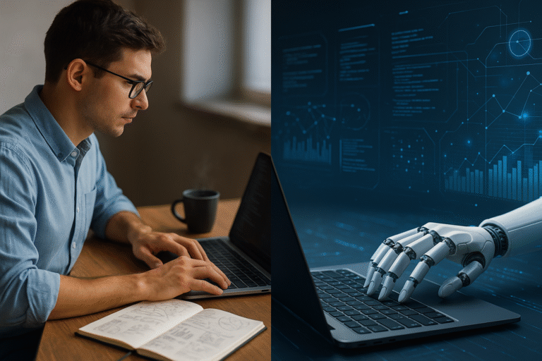 Split workspace showing human freelancer and AI robotic hand collaborating on laptops — symbolizing autoflation and the merging of human creativity with AI efficiency.