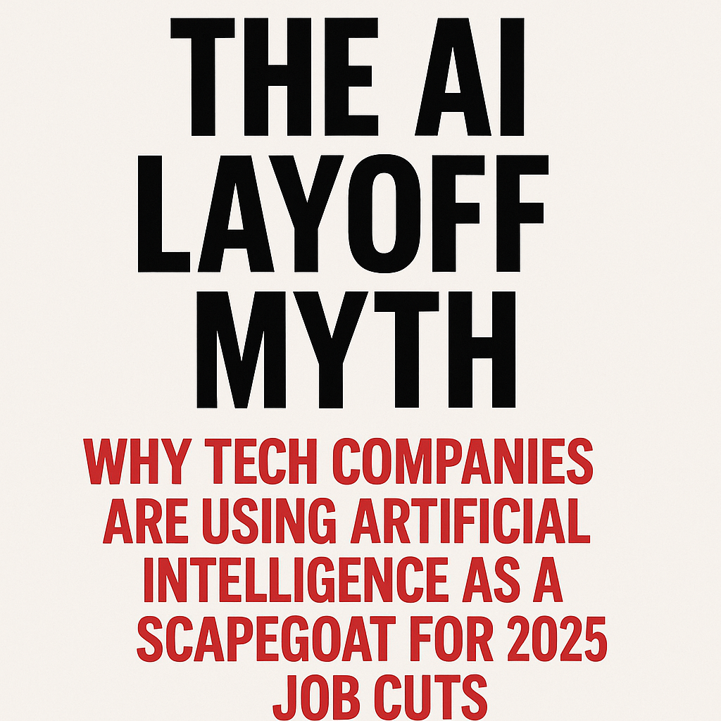Illustration of tech employees packing boxes while executives point to glowing AI icons on screens, symbolizing the AI layoff myth in 2025