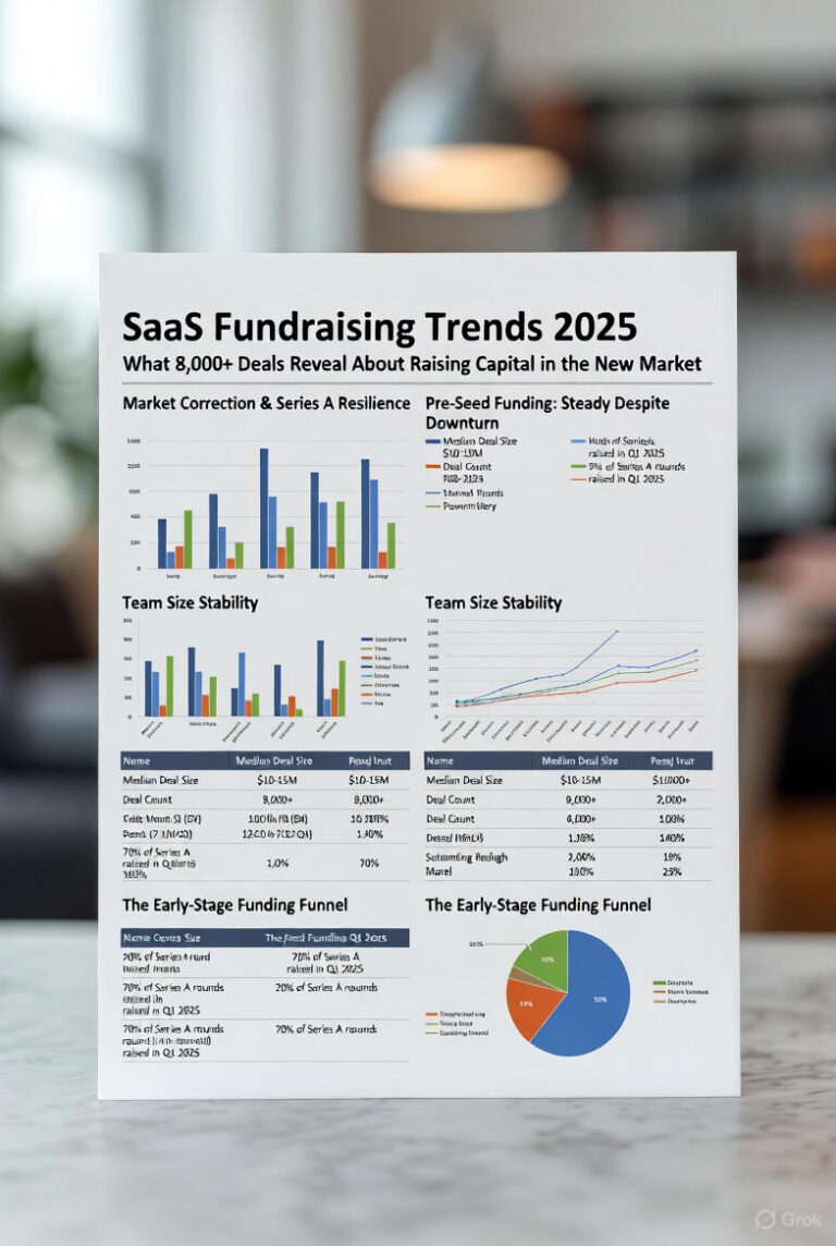 SaaS Fundraising Trends 2025 – Data from 8,000+ deals showing median round sizes, Series A resilience, pre-seed growth, stable team sizes, and the early-stage funding funnel