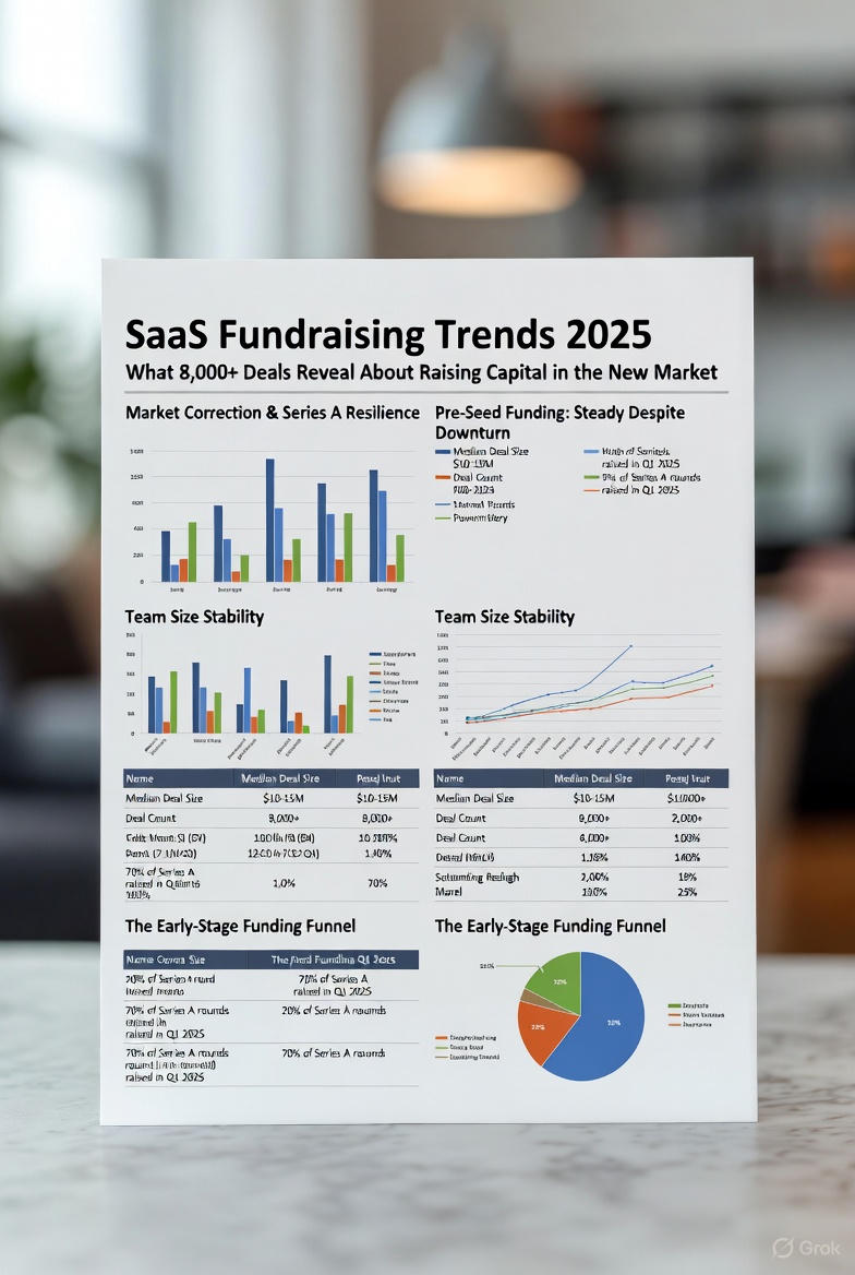 SaaS Fundraising Trends 2025 – Data from 8,000+ deals showing median round sizes, Series A resilience, pre-seed growth, stable team sizes, and the early-stage funding funnel