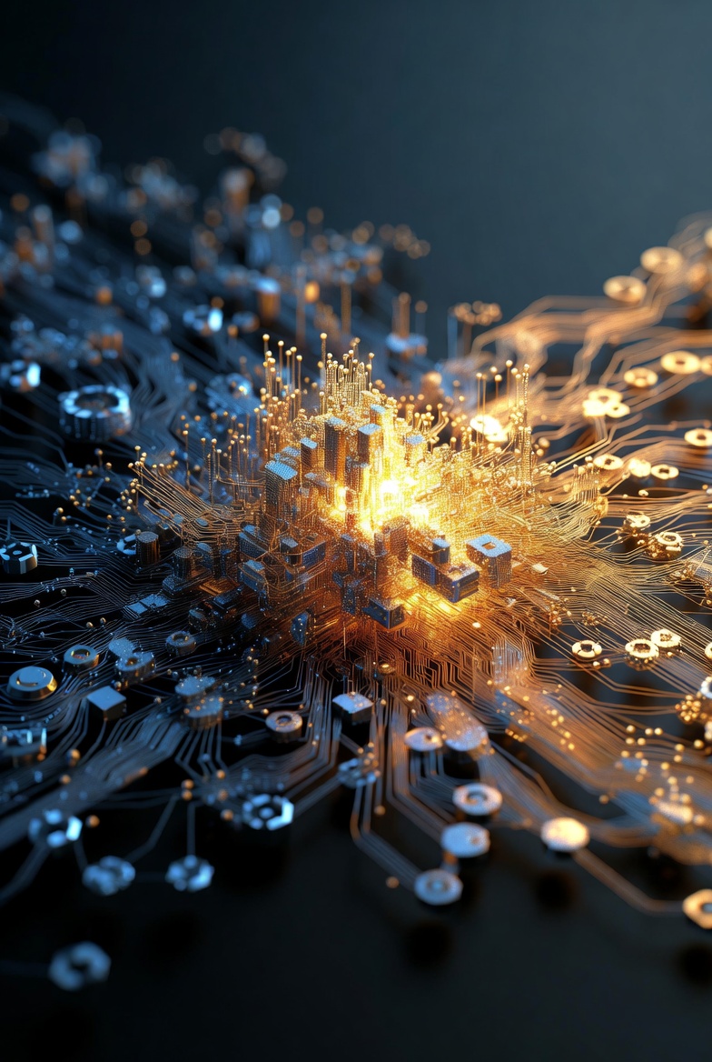 3D isometric illustration of a solid gold supply chain fortress standing firm against chaotic navy blue stock market charts.