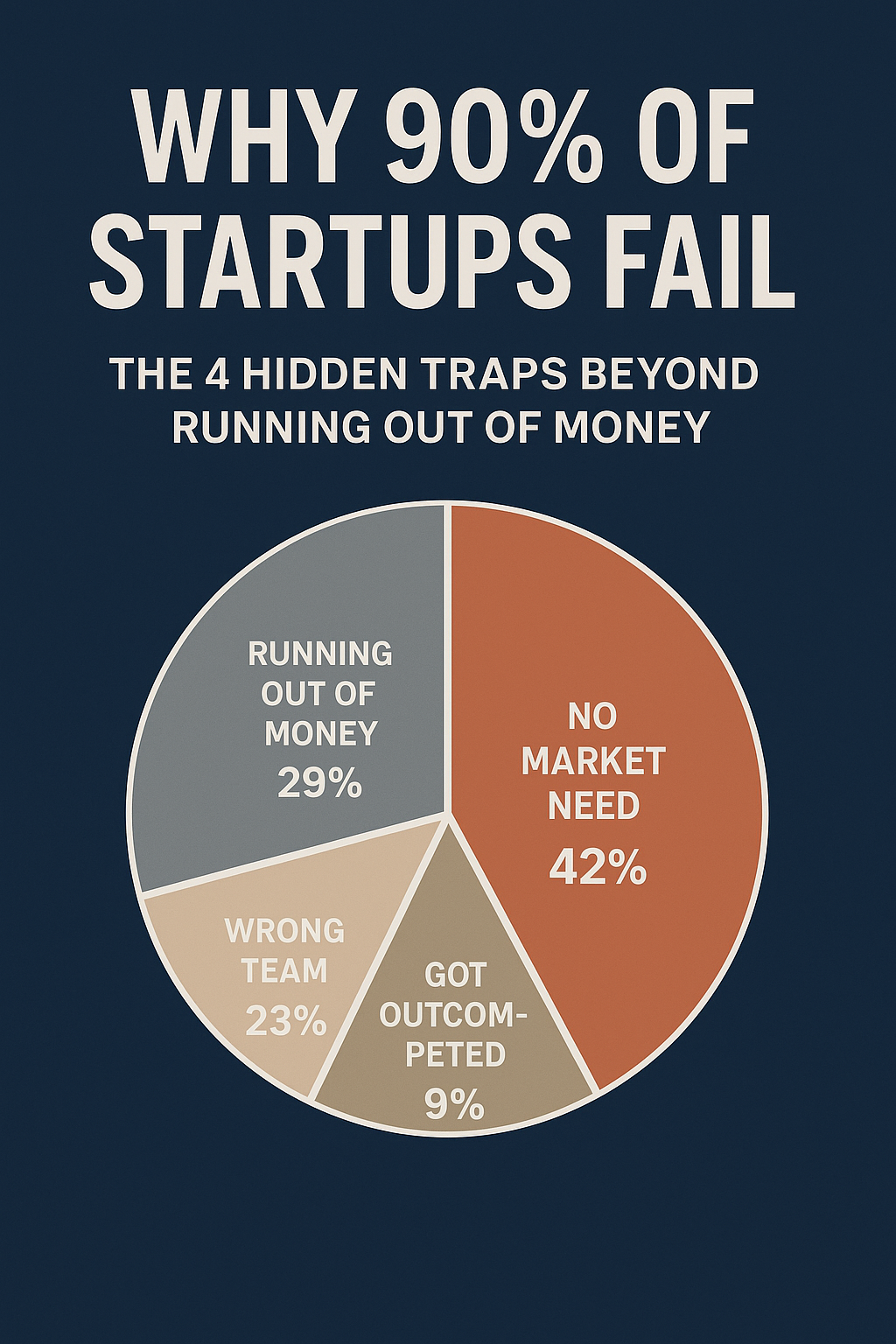 Why 90% of Startups Fail — pie chart showing No Market Need 42%, Running Out of Money 29%, Wrong Team 23%, Got Outcompeted 9%.”