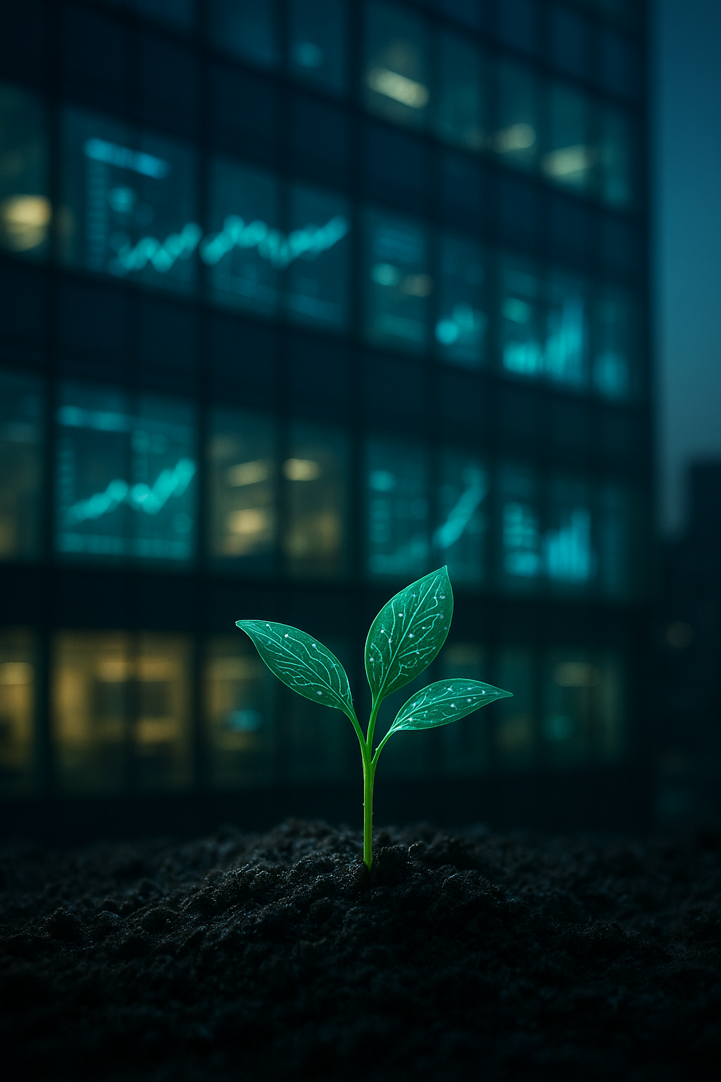 Green digital seedling symbolizing venture capital growth in front of a modern glass office building with financial data screens at dusk