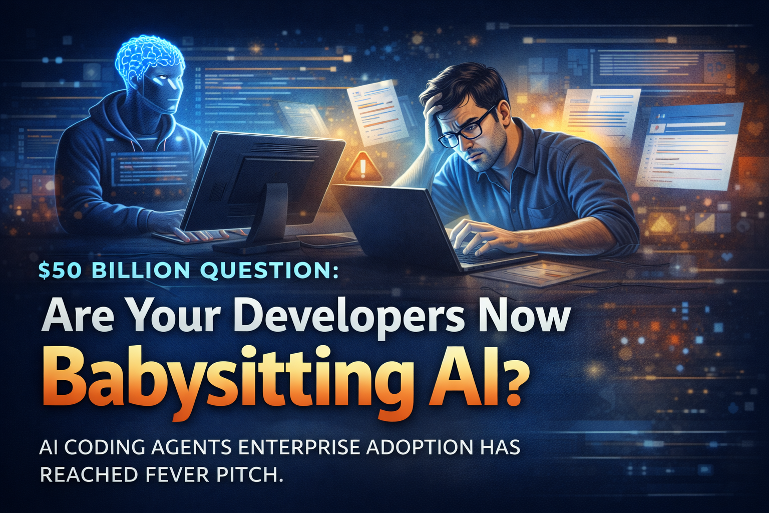 Frustrated enterprise developer debugging AI-generated code while an AI coding agent operates in the background, illustrating productivity loss from AI coding tools