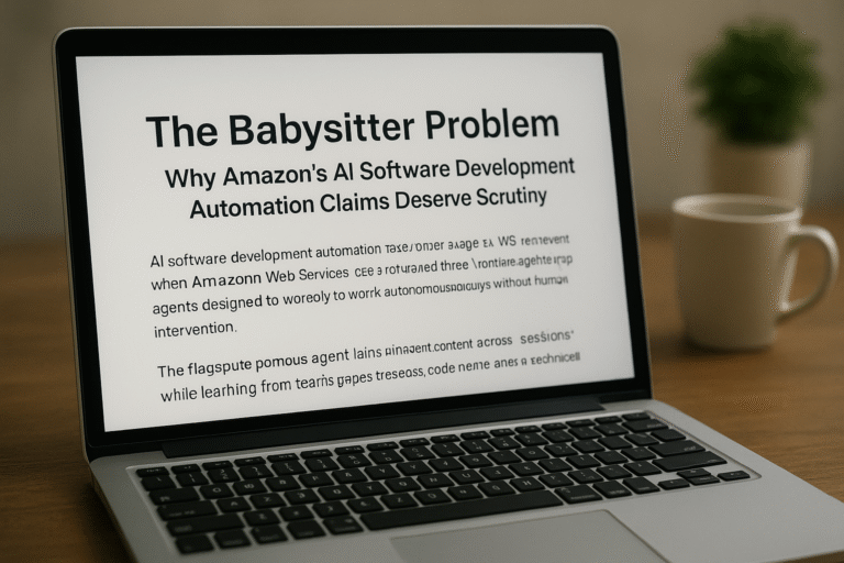 A laptop on a wooden desk displaying an article titled “The Babysitter Problem: Why Amazon’s AI Software Development Automation Claims Deserve Scrutiny,” with a coffee mug and plant in the background.