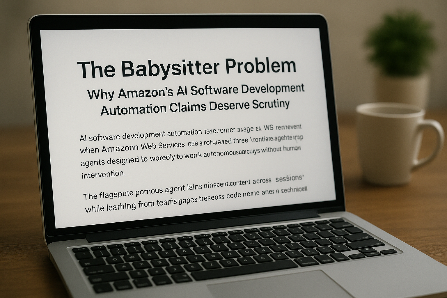 A laptop on a wooden desk displaying an article titled “The Babysitter Problem: Why Amazon’s AI Software Development Automation Claims Deserve Scrutiny,” with a coffee mug and plant in the background.