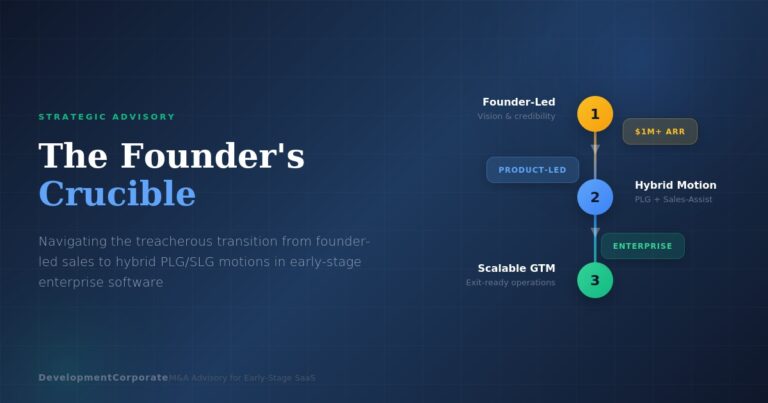 Infographic showing the three-stage journey from founder-led sales to hybrid PLG/SLG motions: Stage 1 Founder-Led (vision and credibility), Stage 2 Hybrid Motion (PLG plus sales-assist), Stage 3 Scalable GTM (exit-ready operations) - DevelopmentCorporate strategic advisory for early-stage SaaS