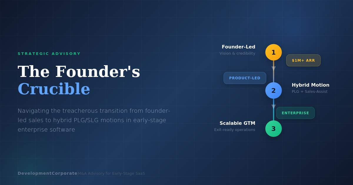 Infographic showing the three-stage journey from founder-led sales to hybrid PLG/SLG motions: Stage 1 Founder-Led (vision and credibility), Stage 2 Hybrid Motion (PLG plus sales-assist), Stage 3 Scalable GTM (exit-ready operations) - DevelopmentCorporate strategic advisory for early-stage SaaS