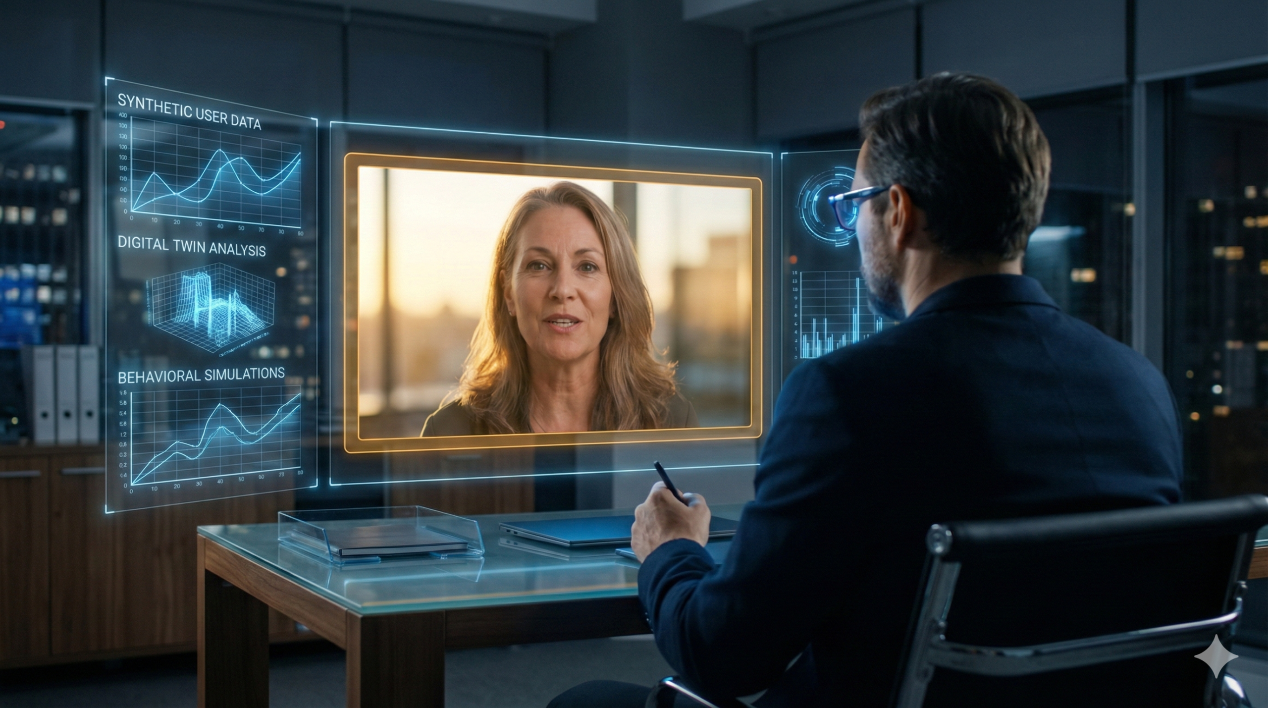 A software CEO viewing a holographic dashboard that centrally features a warm video feed of a real human customer speaking, surrounded by peripheral blue data charts labeled "Synthetic User Data" and "Digital Twin Analysis," illustrating the strategy of augmenting human research with AI tools.