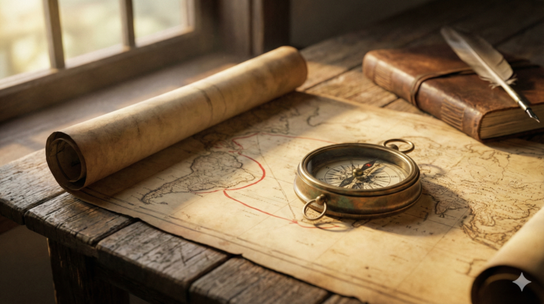 antique brass compass resting on a weathered maritime map highlighted by warm sunlight, representing business strategy and navigation through uncertainty