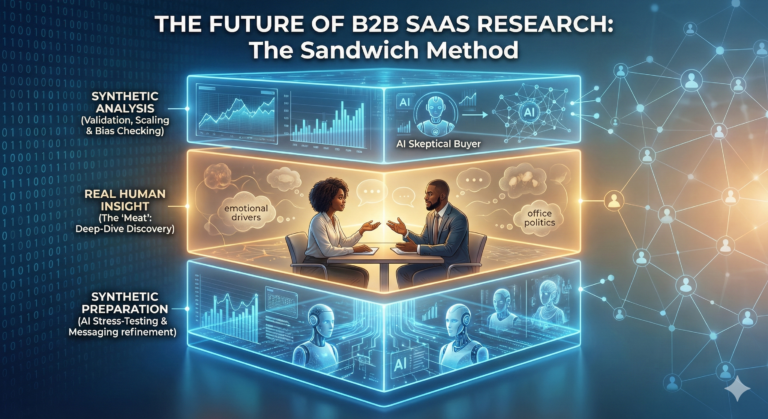 Futuristic infographic illustrating "The Future of B2B SaaS Research: The Sandwich Method." It displays a three-layered glowing digital structure symbolizing a hybrid research workflow. The top blue layer is "Synthetic Analysis" with data charts and an AI Skeptical Buyer icon for validation and scaling. The middle warm orange layer is "Real Human Insight (The 'Meat')" showing two Black professionals in conversation surrounded by "emotional drivers" and "office politics" bubbles. The bottom blue layer is "Synthetic Preparation" featuring AI avatars for stress-testing and messaging refinement.
