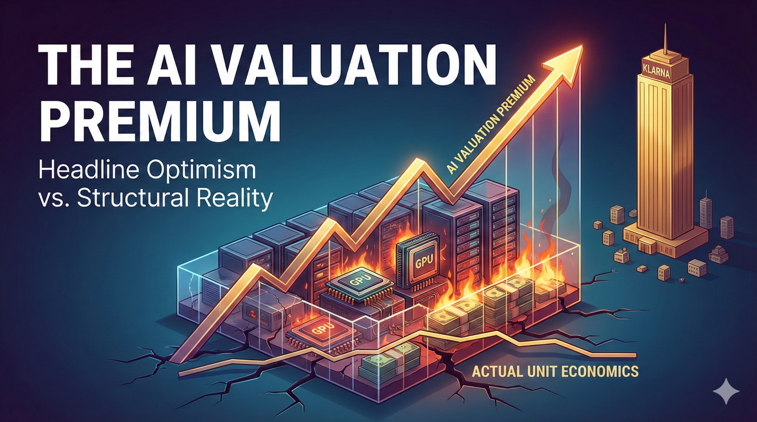 Conceptual illustration showing a sharply rising financial graph labeled "AI Premium" built upon a foundation of overheating server racks and cracking GPU processors, symbolizing high compute costs undermining high valuations.