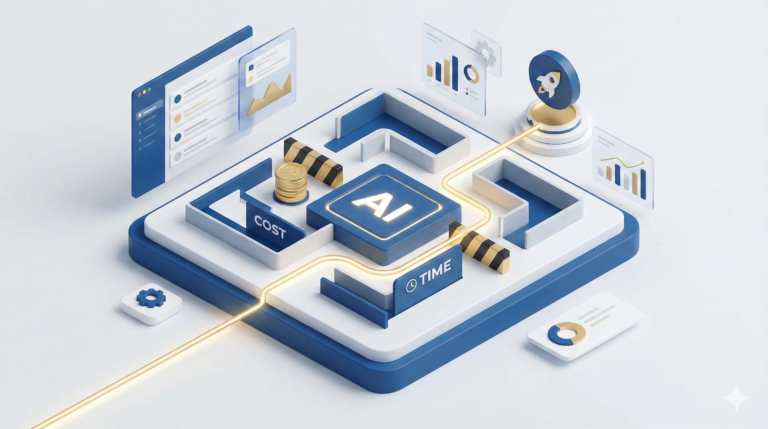 3D isometric illustration of a glowing path cutting through a maze of cost and time obstacles, symbolizing AI simulations accelerating B2B SaaS market research.