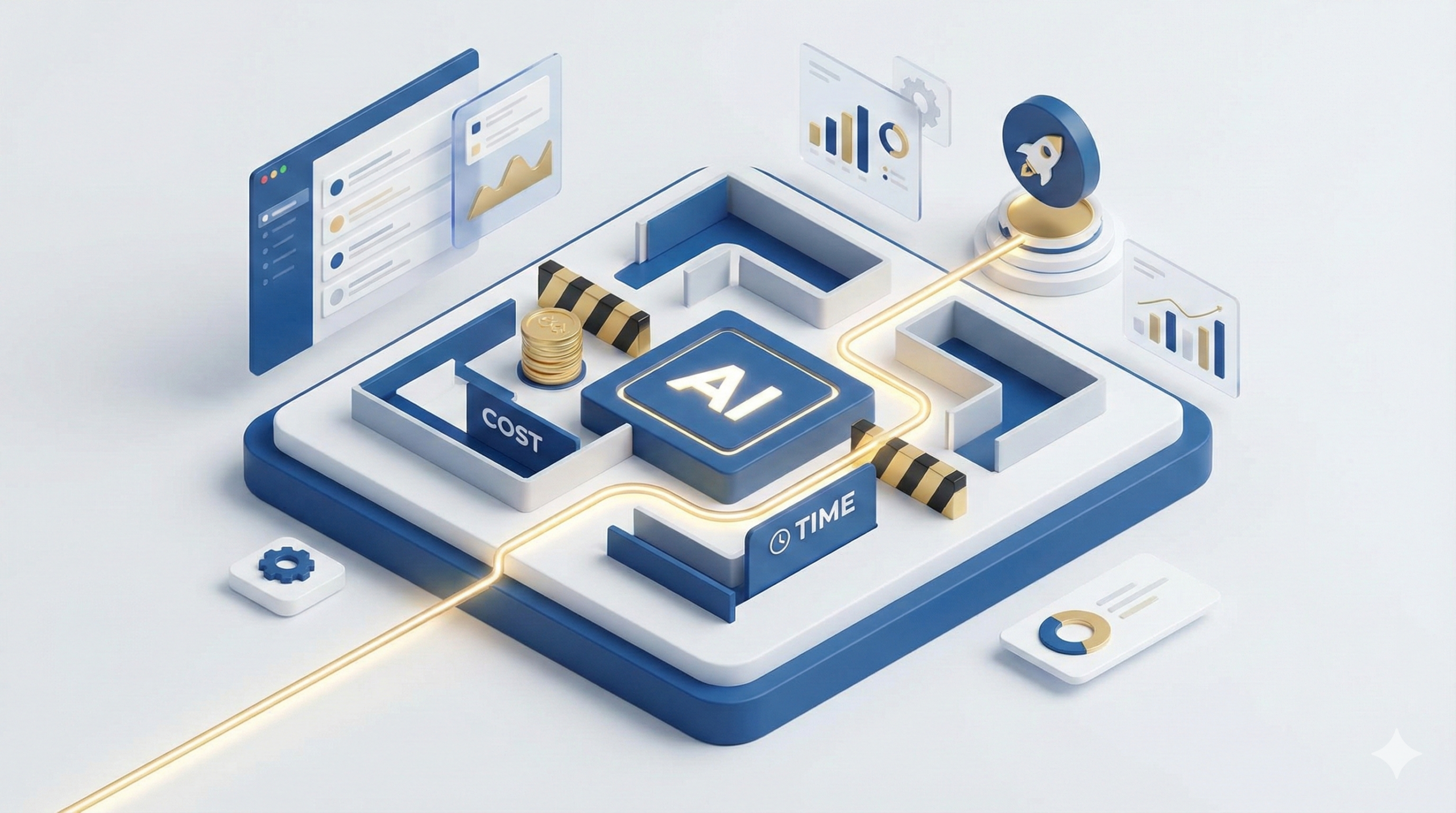 3D isometric illustration of a glowing path cutting through a maze of cost and time obstacles, symbolizing AI simulations accelerating B2B SaaS market research.
