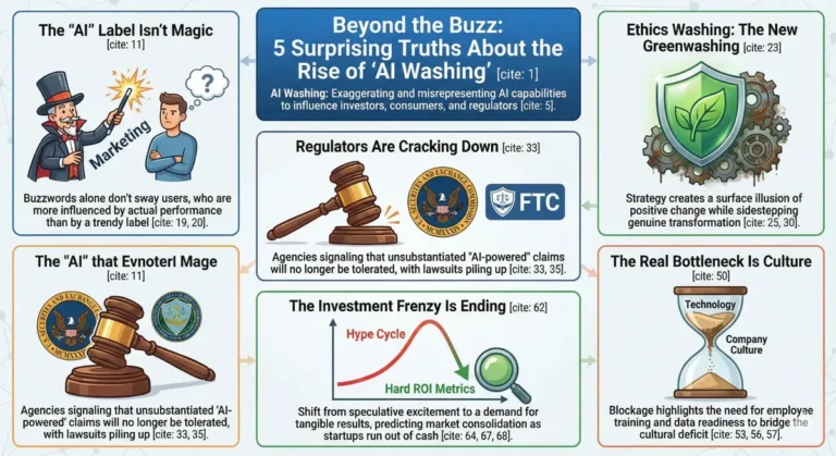 Infographic titled "Beyond the Buzz: 5 Surprising Truths About the Rise of 'AI Washing'." It illustrates five key points: 1) The "AI" marketing label isn't magic and doesn't sway users over actual performance; 2) "Ethics Washing" creates a surface illusion of positive change like greenwashing; 3) Regulators like the SEC and FTC are aggressively cracking down on deceptive claims; 4) The investment hype cycle is ending, shifting focus to hard ROI metrics; and 5) Company culture, not technology, is the real bottleneck for adoption.