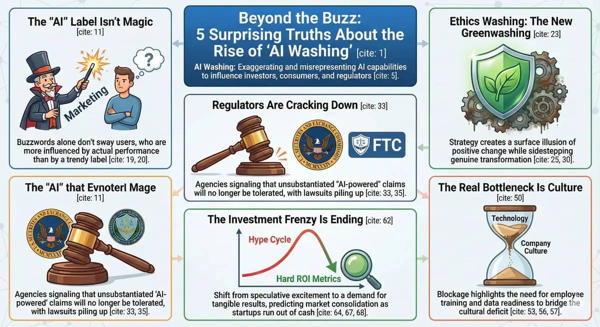Infographic titled "Beyond the Buzz: 5 Surprising Truths About the Rise of 'AI Washing'." It illustrates five key points: 1) The "AI" marketing label isn't magic and doesn't sway users over actual performance; 2) "Ethics Washing" creates a surface illusion of positive change like greenwashing; 3) Regulators like the SEC and FTC are aggressively cracking down on deceptive claims; 4) The investment hype cycle is ending, shifting focus to hard ROI metrics; and 5) Company culture, not technology, is the real bottleneck for adoption.