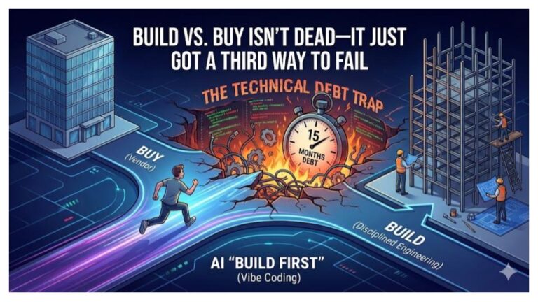 Conceptual illustration representing the modern "Build vs. Buy" dilemma. The image shows three paths: a "Buy" path (vendor building), a "Build" path (disciplined construction), and a dangerous third "AI Build First" path crumbling into a pit of technical debt with a stopwatch, symbolizing the "15-minute fix that costs 15 months."