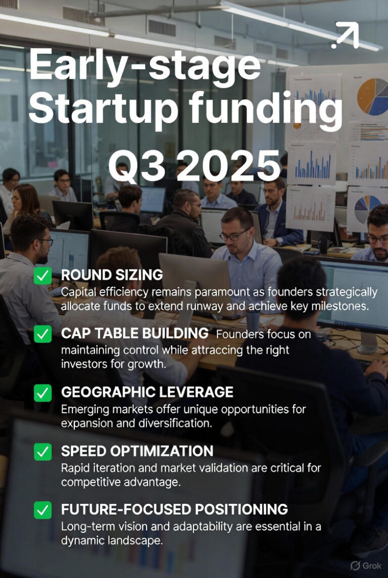 A busy modern startup office with teams working at computers, large charts and graphs displayed on glass walls, and overlaid text summarizing early-stage startup funding trends for Q3 2025.