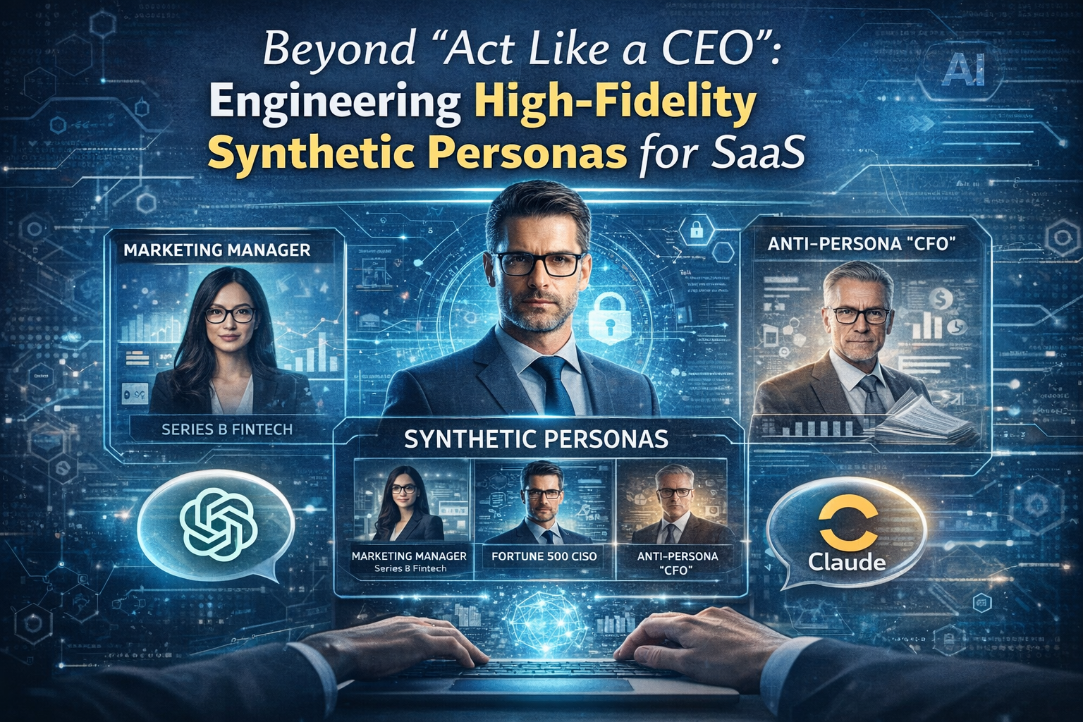 Illustration showing high-fidelity synthetic personas used in B2B SaaS research, including a CISO, marketing manager, and CFO anti-persona, visualized through an AI interface.