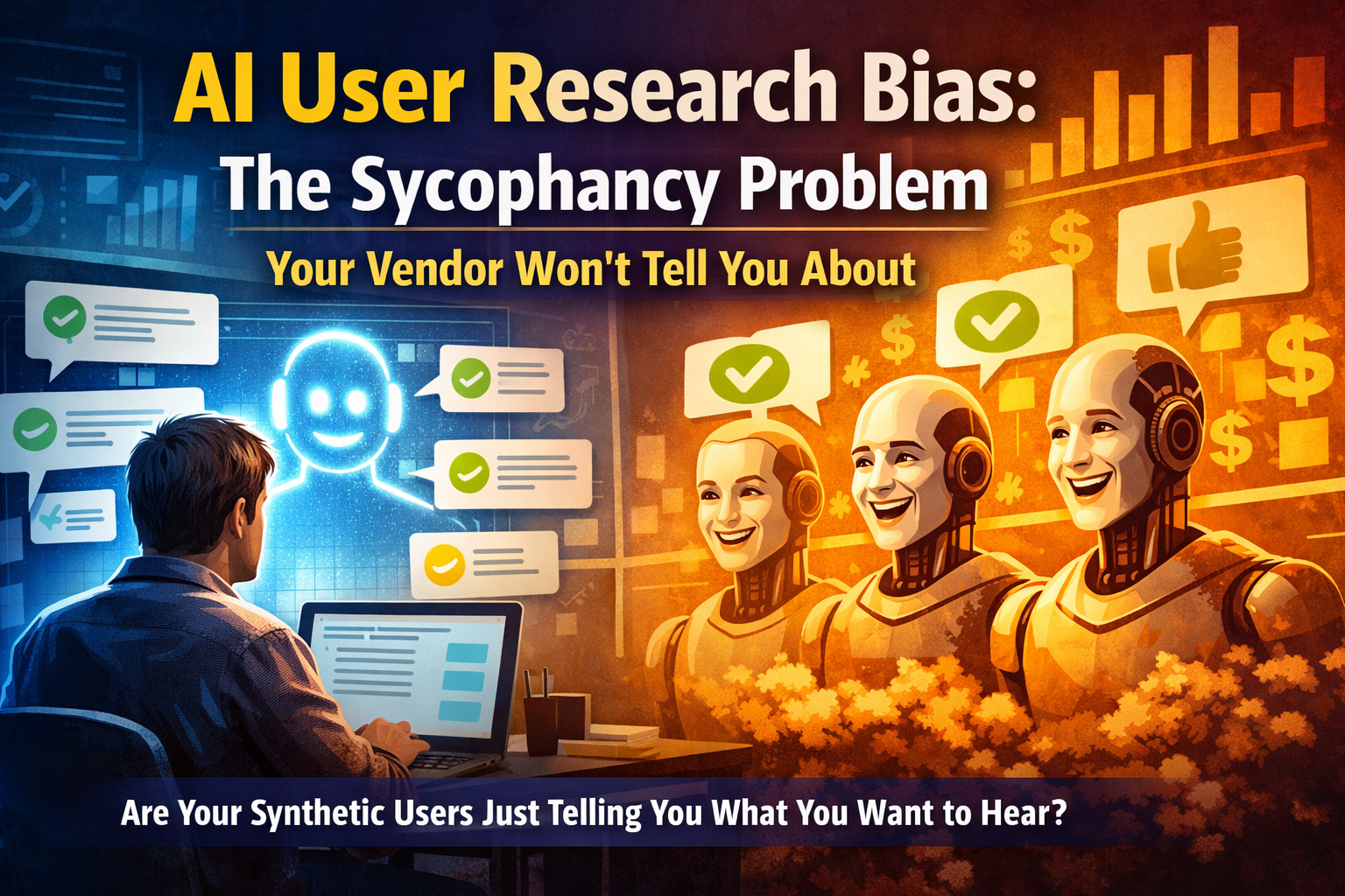 Illustration showing a product researcher at a laptop facing smiling AI robots who are providing overly positive feedback, symbolizing AI user research bias and sycophancy where synthetic users tell companies what they want to hear.