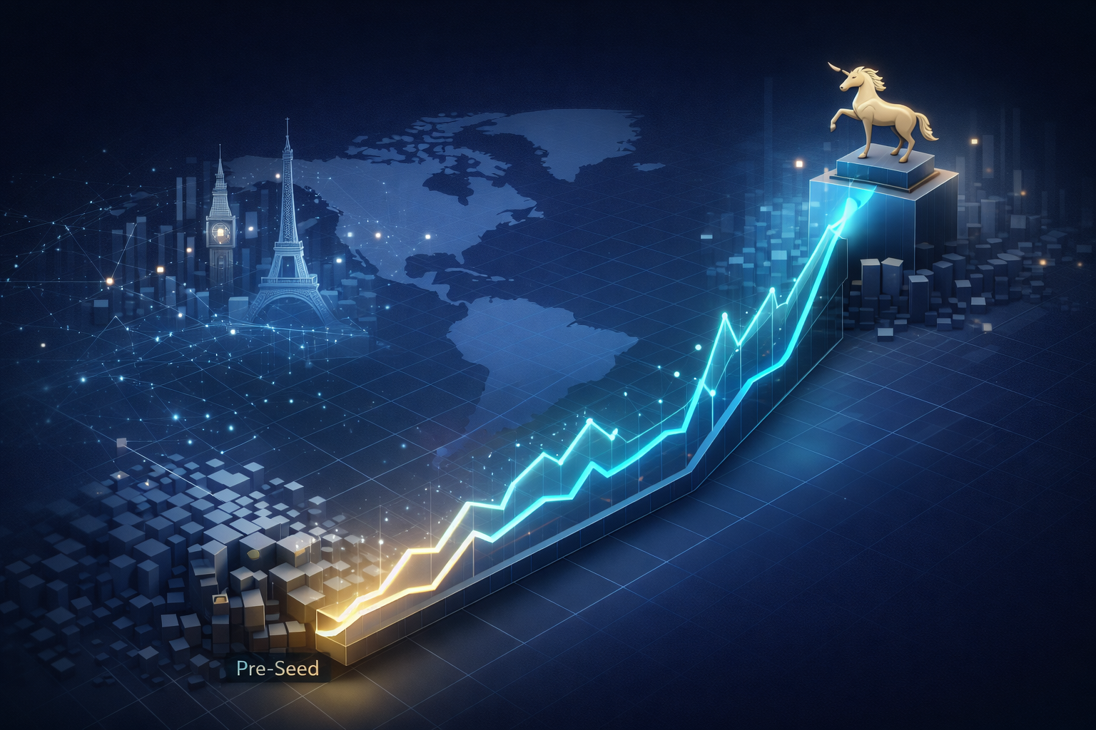 Conceptual illustration of European venture capital valuations in 2025 showing diverging growth paths for AI and fintech versus a stable broader market