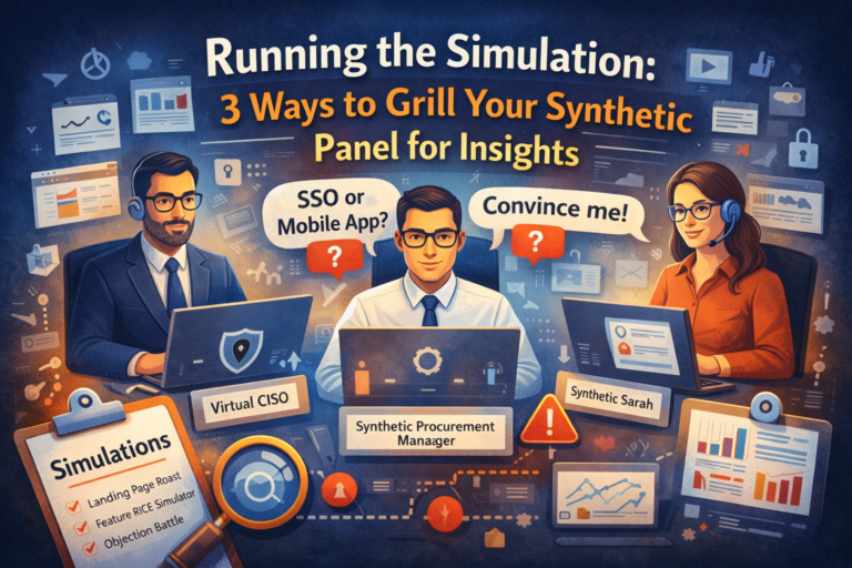 Illustration of synthetic personas running AI simulations to evaluate SaaS landing pages, feature prioritization, and sales objections