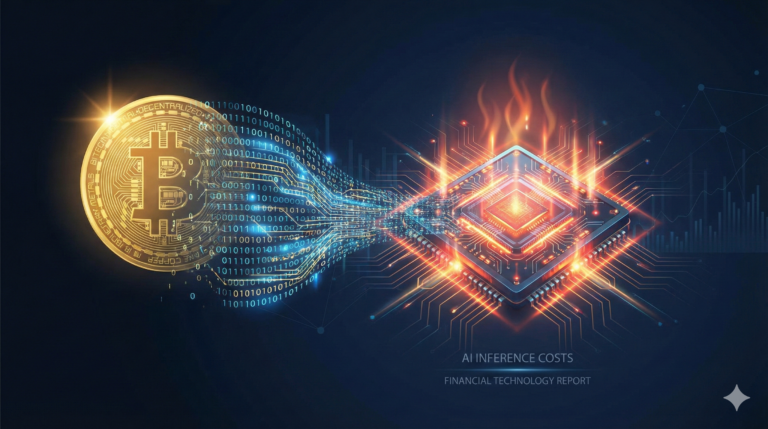 A conceptual illustration showing a glowing gold cryptocurrency coin dissolving into a stream of binary data that flows into an intensely hot, orange-glowing silicon microchip. Text at the bottom reads: "AI INFERENCE COSTS - FINANCIAL TECHNOLOGY REPORT." The image symbolizes financial resources being consumed by high compute loads.