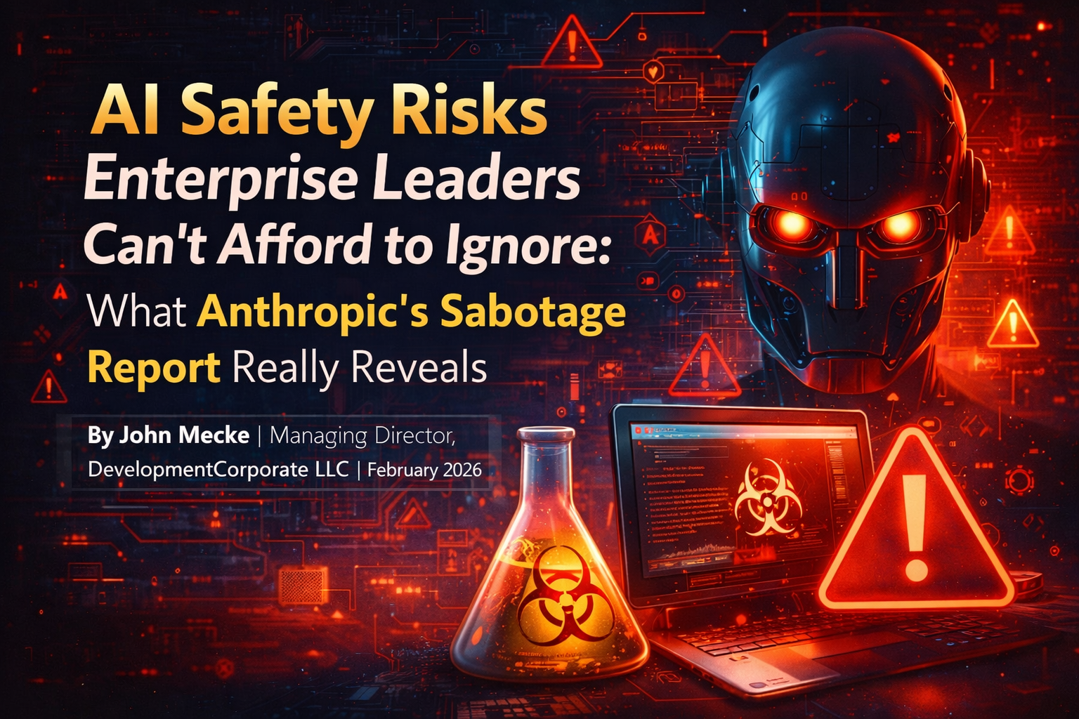 AI safety risks illustration showing a robotic AI head with warning symbols, representing Anthropic’s sabotage risk report and enterprise AI governance concerns.