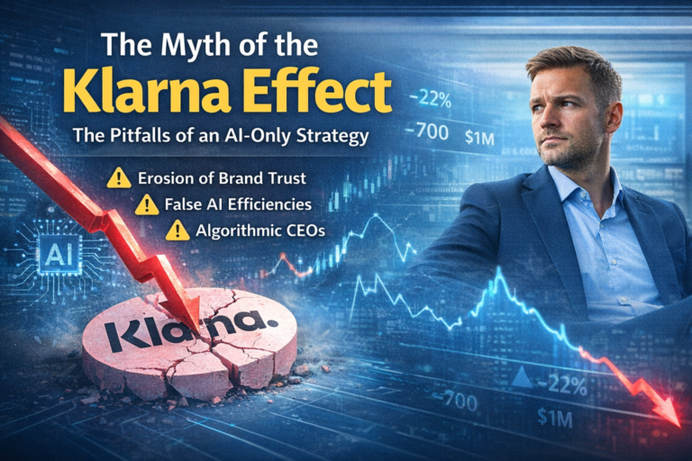 Illustration of the Klarna Effect showing risks of AI-only strategy, declining metrics, and the need for human-in-the-loop business models.