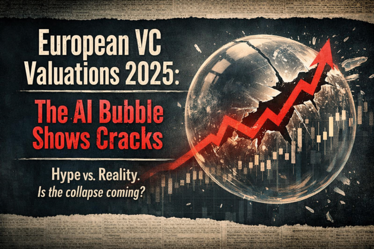 European VC valuations 2025 editorial graphic showing cracked AI bubble with rising valuation chart and warning signal