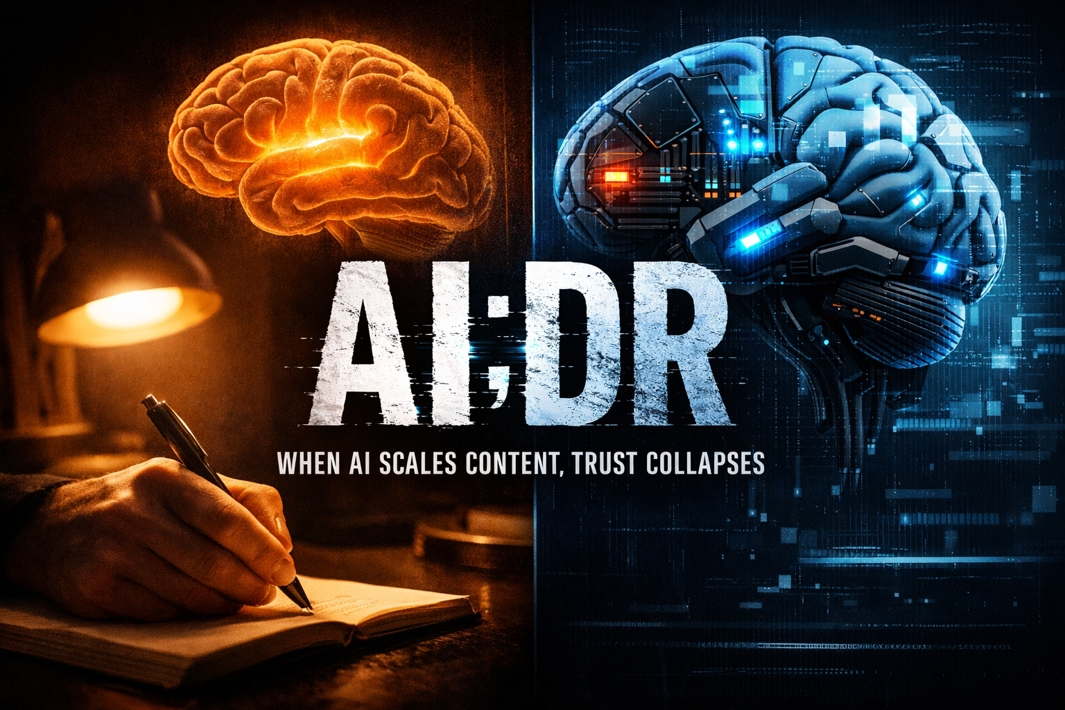 Split image of human brain and robotic AI brain illustrating trust crisis in SaaS thought leadership and AI-generated content.